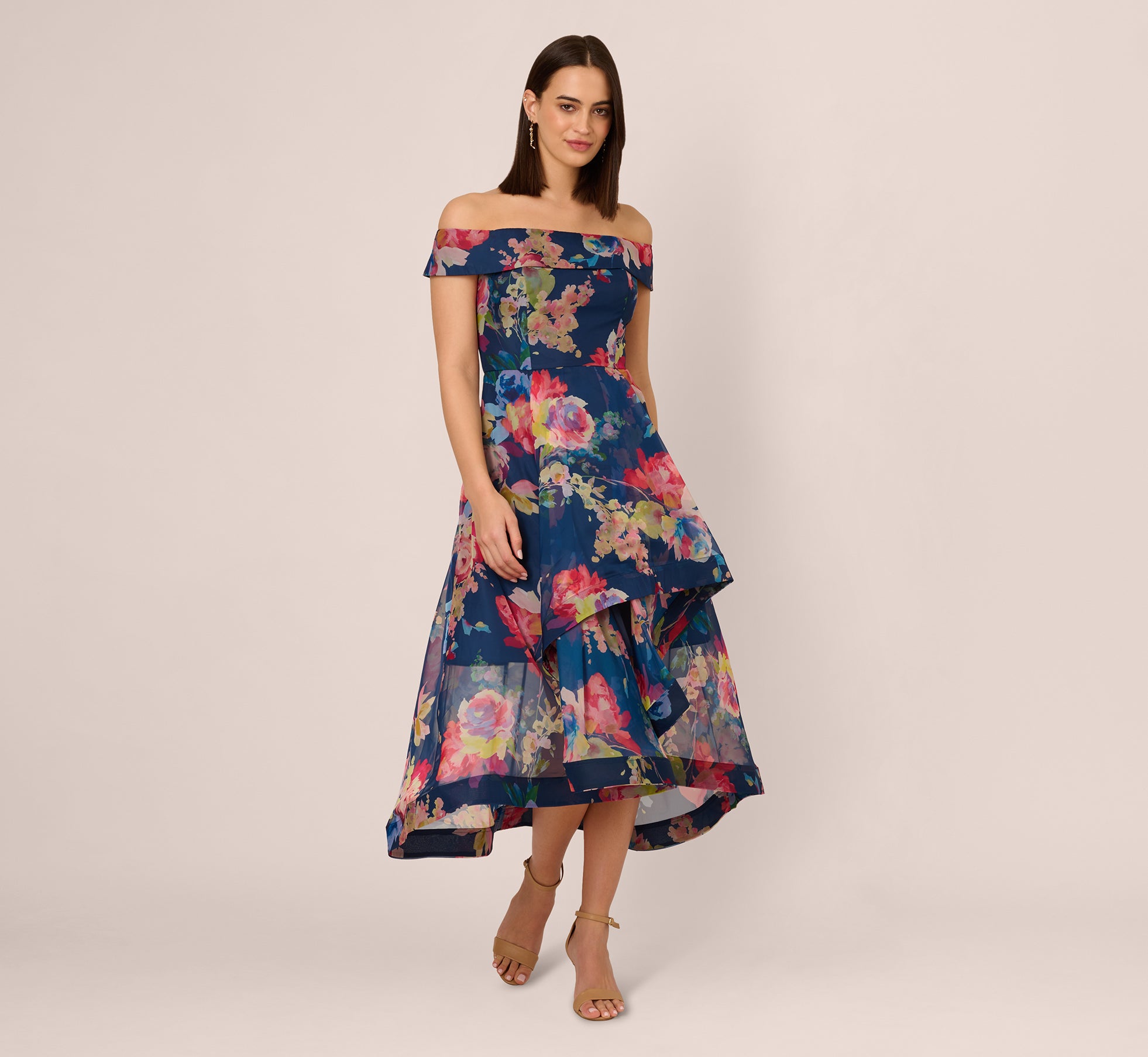 oopscool off-the-shoulder printed dress Multi Colored Off Shoulder Floral Organza High Low Dress