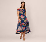 Off Shoulder Floral Organza High Low Dress In Navy Multi 3