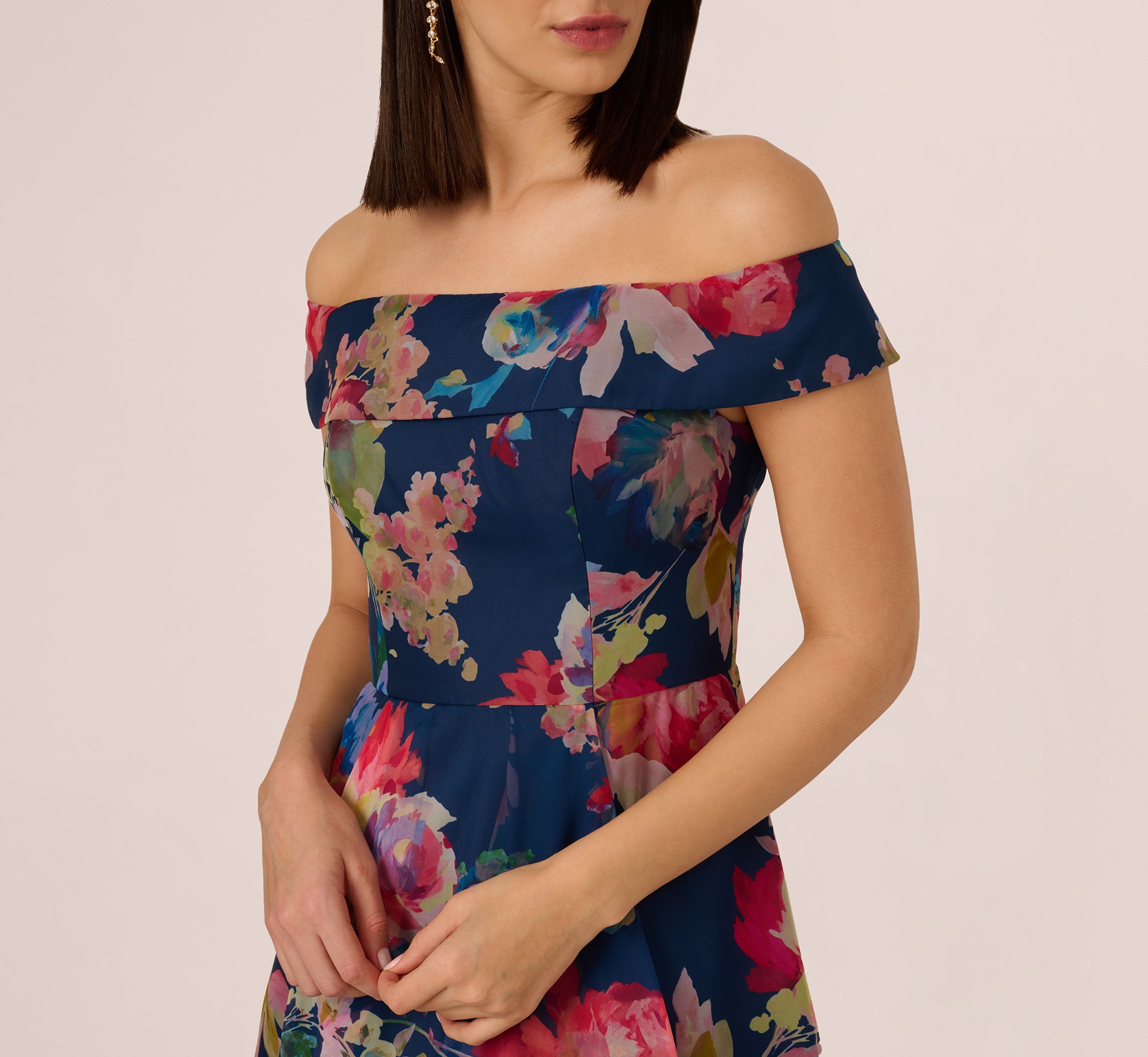 oopscool off-the-shoulder printed dress Multi Colored Off Shoulder Floral Organza High Low Dress