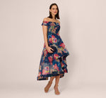 Off Shoulder Floral Organza High Low Dress In Navy Multi 2
