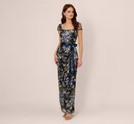 Embroidered Floral Cap Sleeve Column Gown In Navy Multi 2