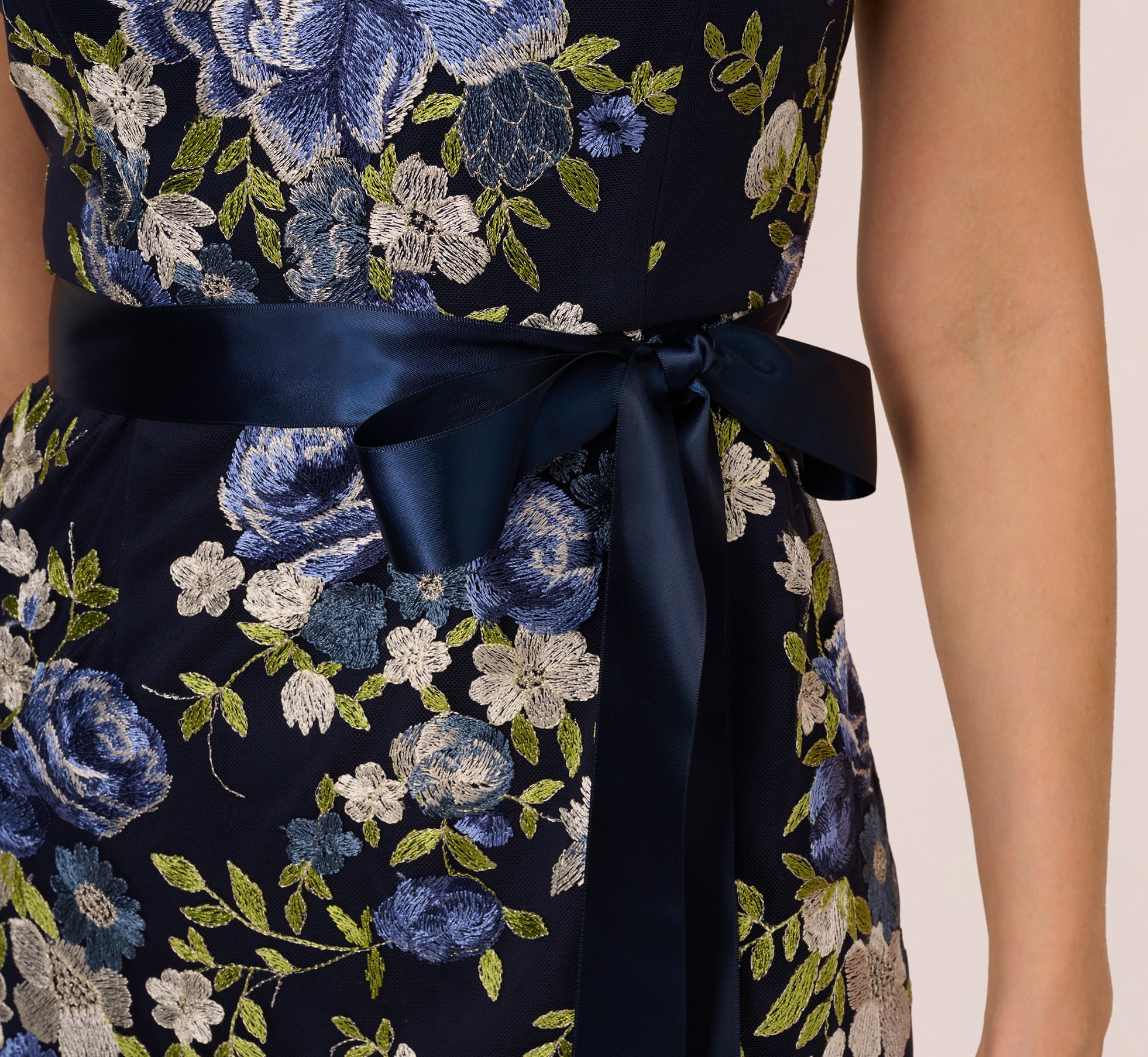 Navy Multi Embroidered Floral Cap Sleeve Column Gown