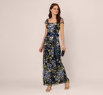 Embroidered Floral Cap Sleeve Column Gown In Navy Multi 1