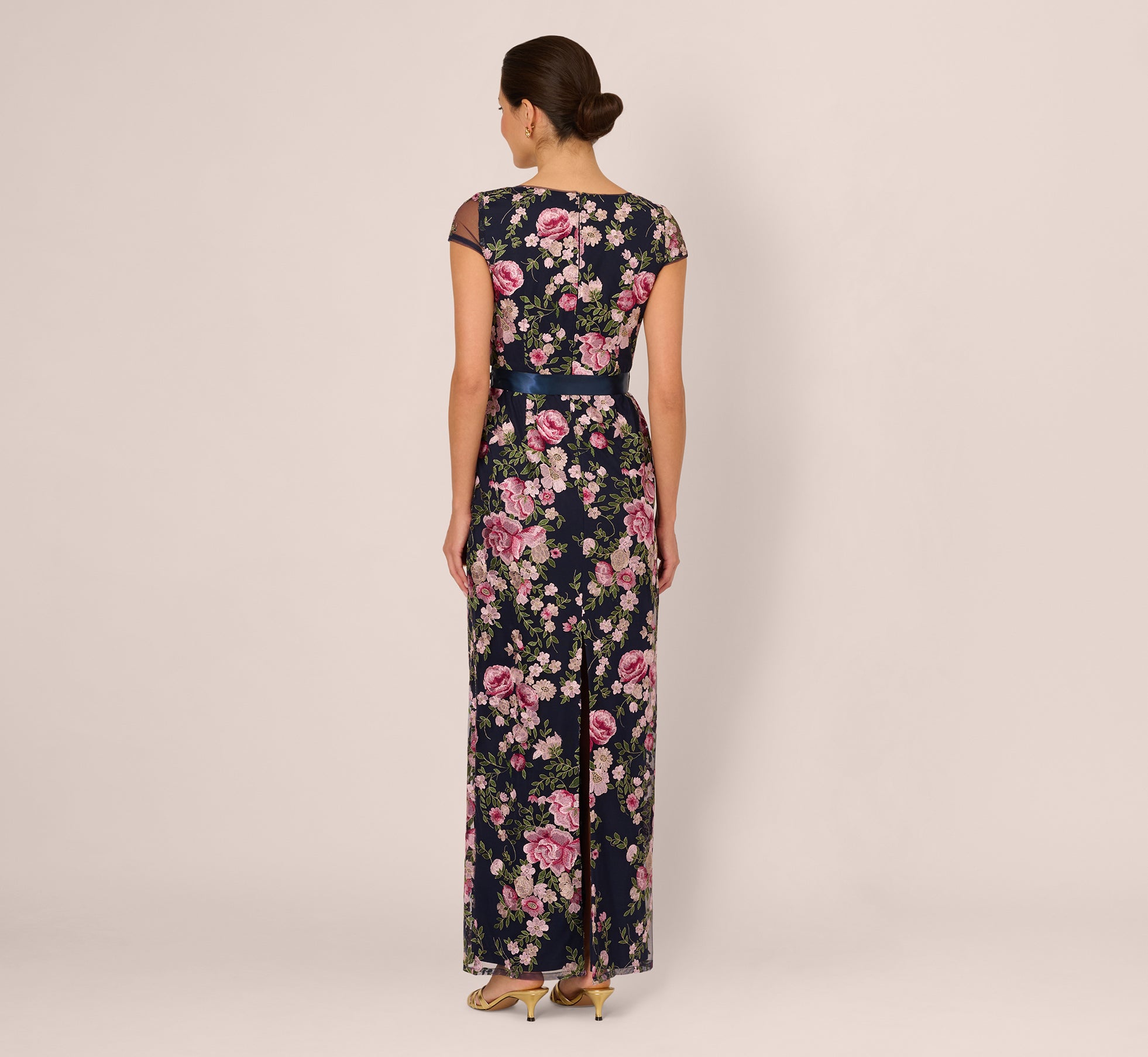 Navy Embroidered Floral Cap Sleeve Column Gown - Adrianna Papell