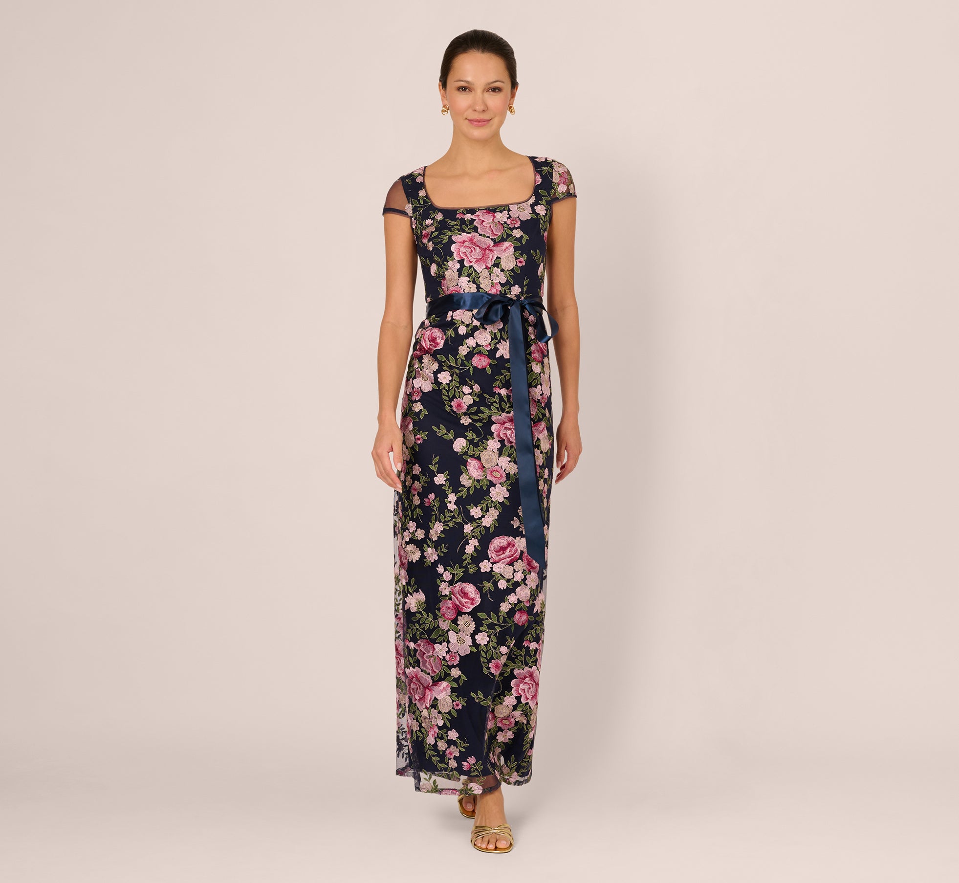 【美品】Adrianna Papell フラワー ロングワンピース US0 Navy Embroidered Floral Cap Sleeve Column Gown - Adrianna Papell