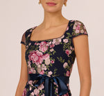 Embroidered Floral Cap Sleeve Column Gown In Navy Blush 3