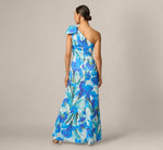Petite One Shoulder Floral Print Mermaid Gown In Blue Multi 5