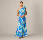 Petite One Shoulder Floral Print Mermaid Gown In Blue Multi 2