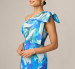 Petite One Shoulder Floral Print Mermaid Gown In Blue Multi 3