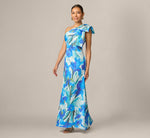 Petite One Shoulder Floral Print Mermaid Gown In Blue Multi 1