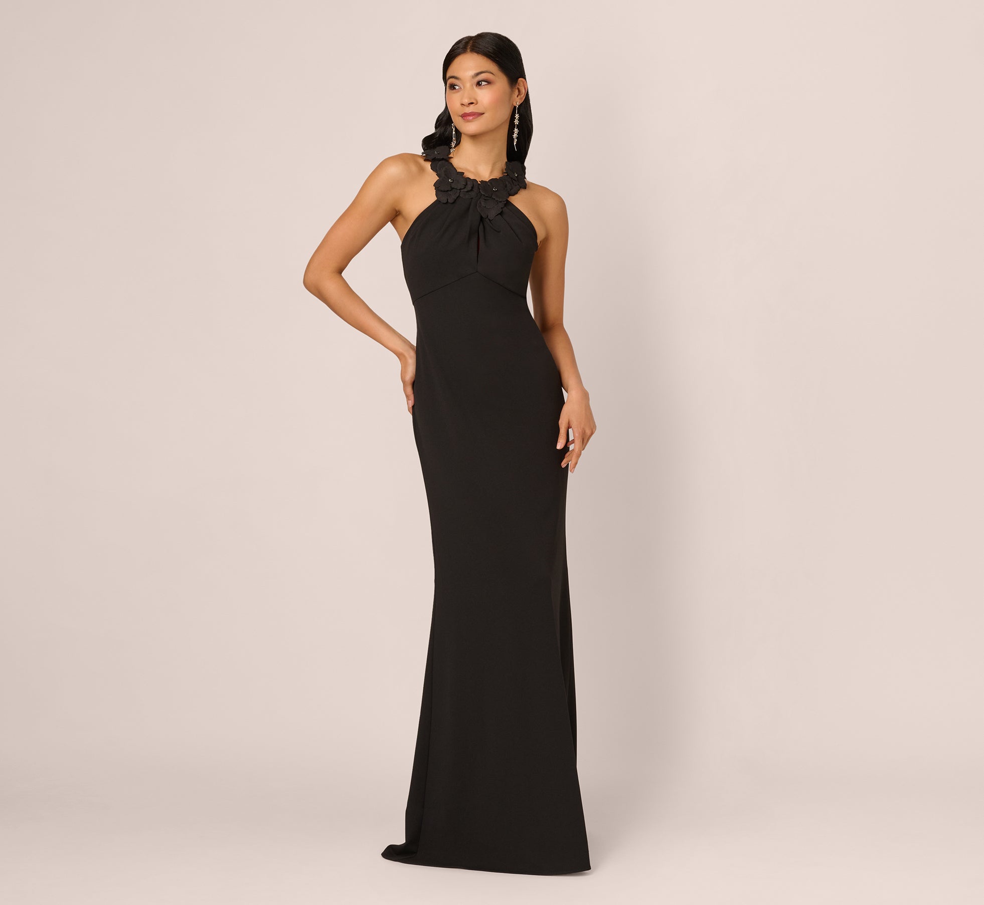 Floral Embellished Crossover Halter Gown In Black Floral Embellished Crossover Halter Gown In Black