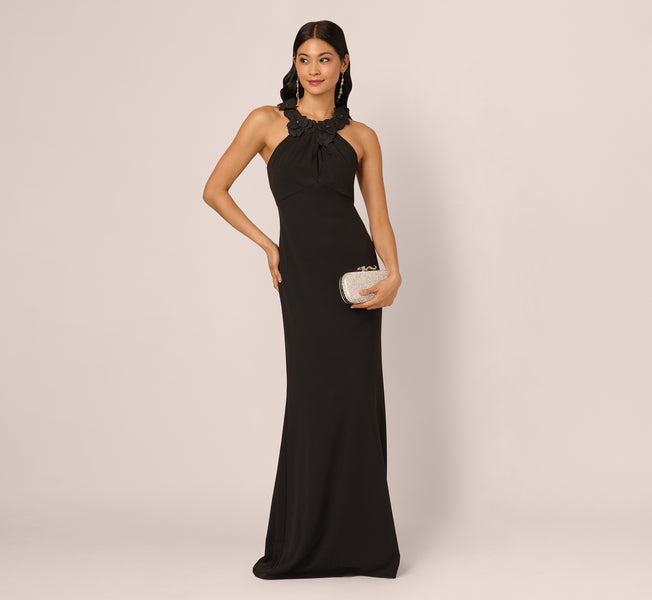 Black Floral Embellished Crossover Halter Gown - Adrianna Papell Black Floral Embellished Crossover Halter Gown - Adrianna Papell