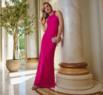 Floral Embellished Crossover Halter Gown In Pink Flambe 1