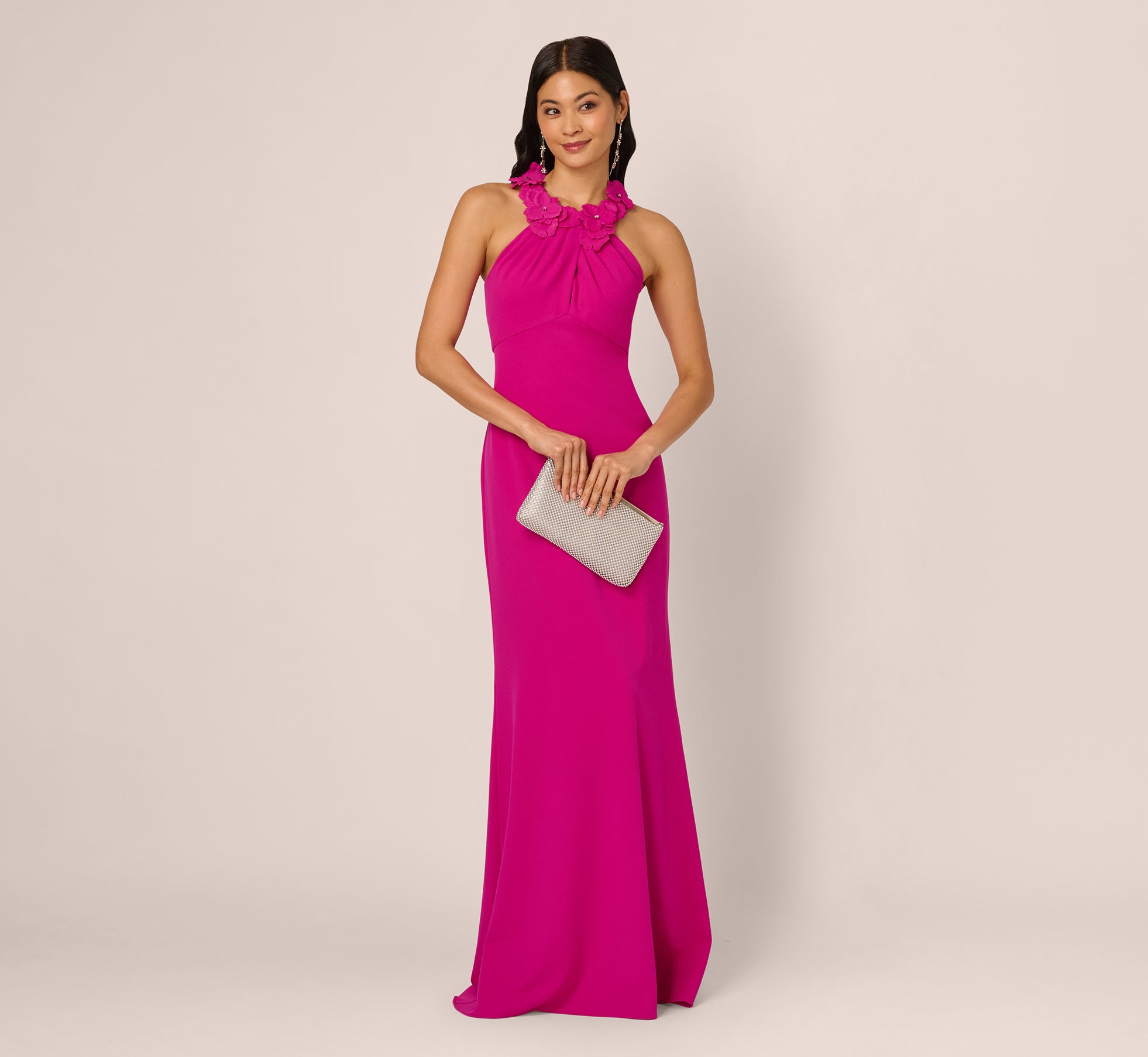 Pink Floral Embellished Crossover Halter Gown - Adrianna Papell Pink Floral Embellished Crossover Halter Gown - Adrianna Papell