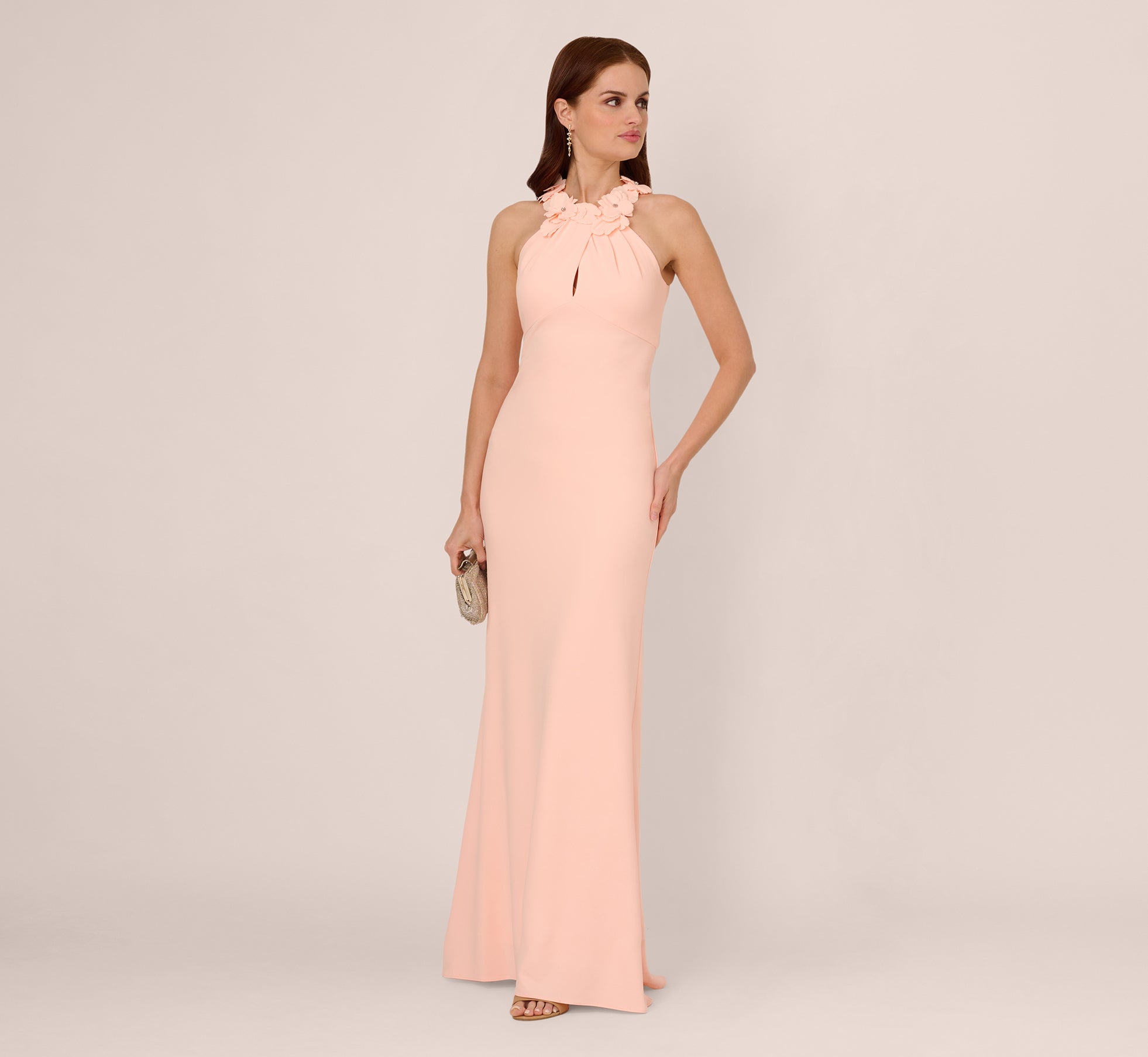 Pink Floral Embellished Crossover Halter Gown - Adrianna Papell Pink Floral Embellished Crossover Halter Gown - Adrianna Papell
