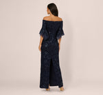 Off Shoulder Bell Sleeve Sequin Lace Gown In Midnight 5