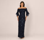 Off Shoulder Bell Sleeve Sequin Lace Gown In Midnight 2