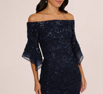 Off Shoulder Bell Sleeve Sequin Lace Gown In Midnight 3