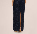 Off Shoulder Bell Sleeve Sequin Lace Gown In Midnight 4