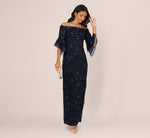 Off Shoulder Bell Sleeve Sequin Lace Gown In Midnight 1