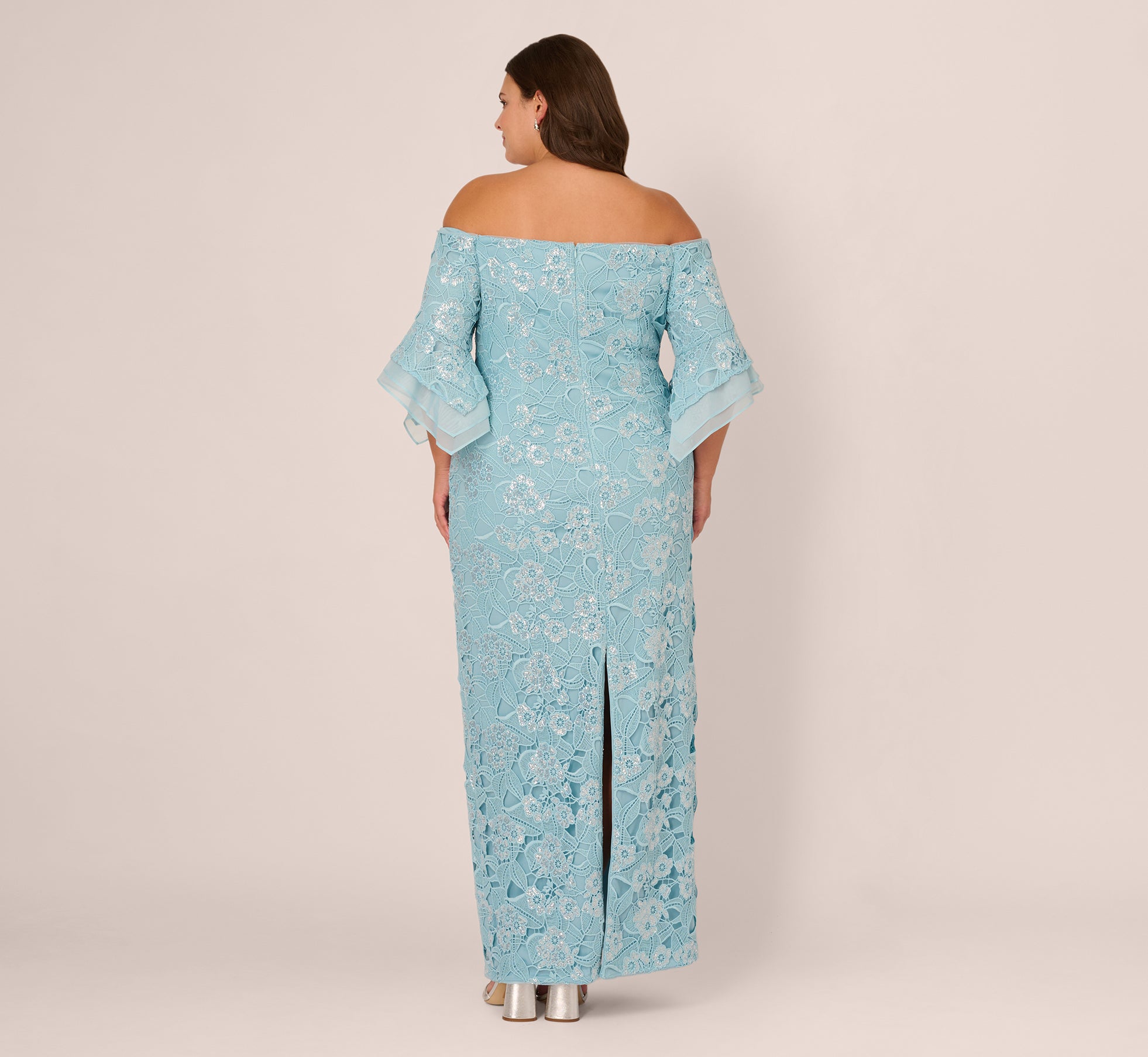 Light Blue Plus Size Off Shoulder Bell Sleeve Sequin Lace Gown
