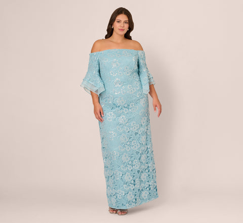 Light Blue Plus Size Off Shoulder Bell Sleeve Sequin Lace Gown