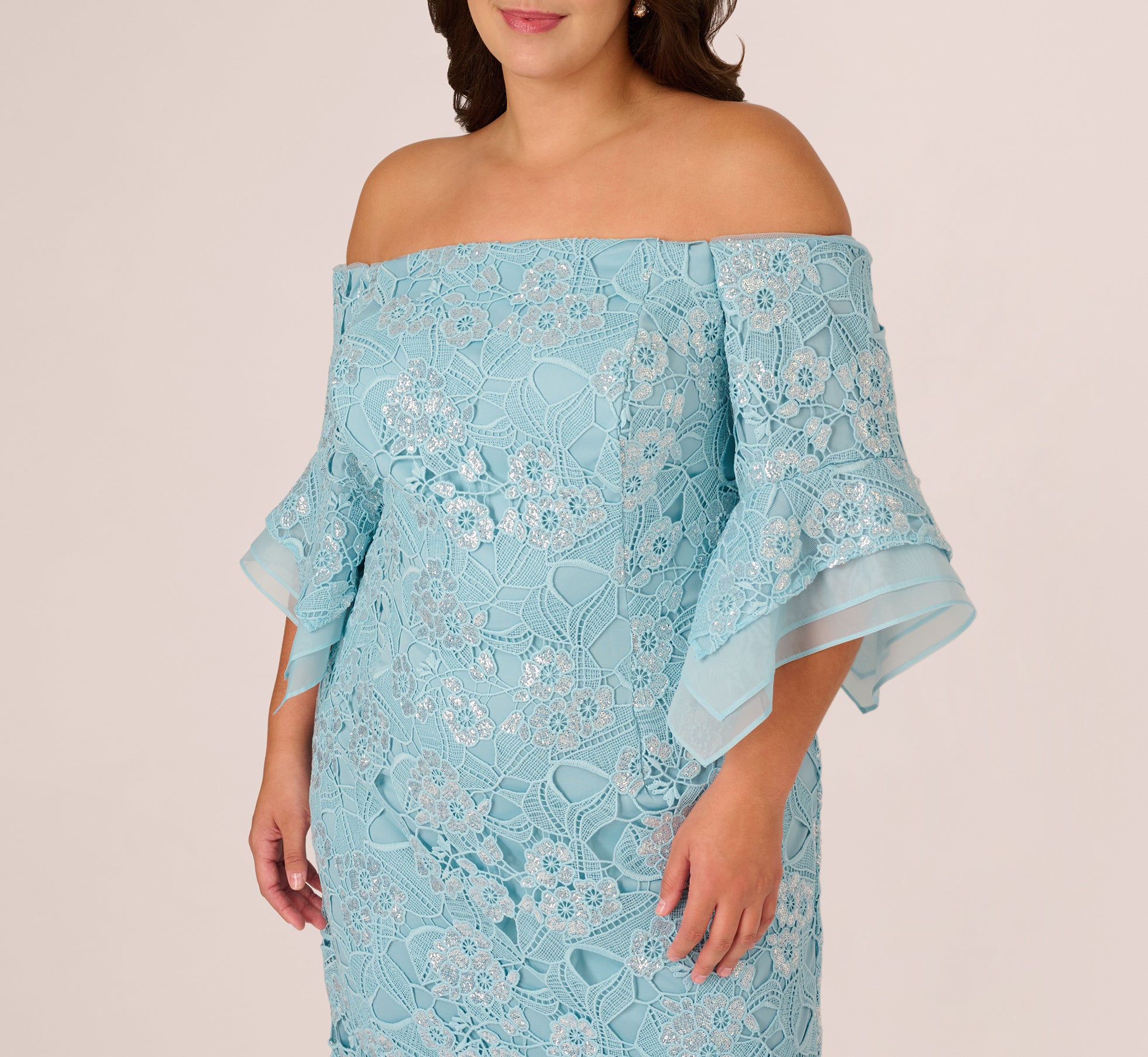 Light Blue Plus Size Off Shoulder Bell Sleeve Sequin Lace Gown - Adrianna Papell Light Blue Plus Size Off Shoulder Bell Sleeve Sequin Lace Gown - Adrianna Papell