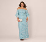 Plus Size Off Shoulder Bell Sleeve Sequin Lace Gown In Airy Aqua 1