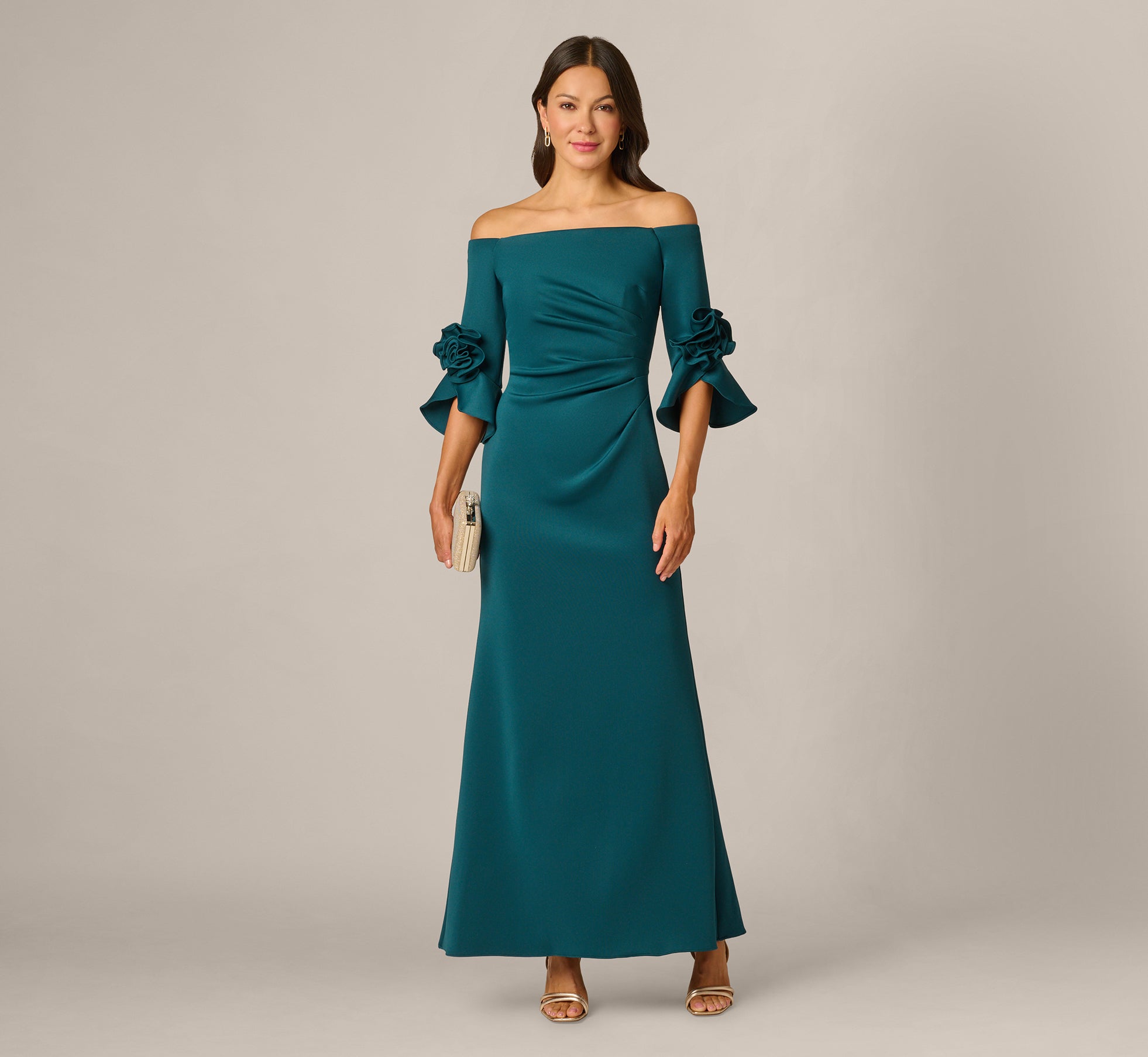Off Shoulder Bell Sleeve Rosette Gown In Hunter 1