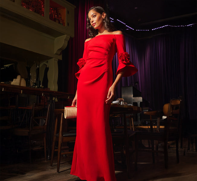 red long sleeve dress off shoulder ASOS DESIGN satin drape long sleeve off shoulder mini dress in red