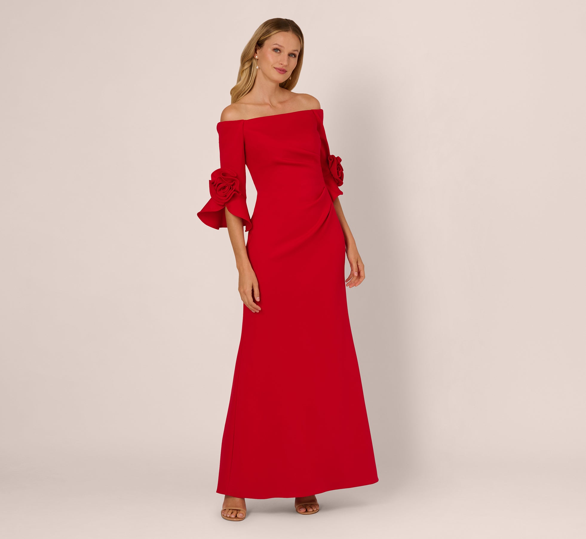 Super Red Off Shoulder Bell Sleeve Rosette Gown - Adrianna Papell Super Red Off Shoulder Bell Sleeve Rosette Gown - Adrianna Papell