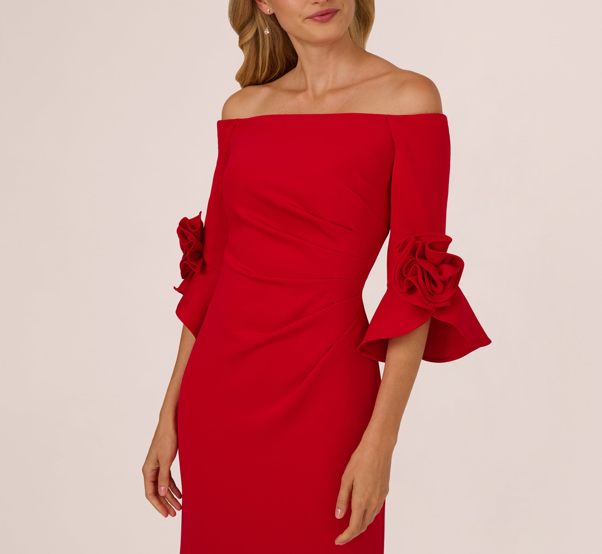 RED Off Shoulder Bell Sleeve Rosette Gown - Adrianna Papell RED Off Shoulder Bell Sleeve Rosette Gown - Adrianna Papell