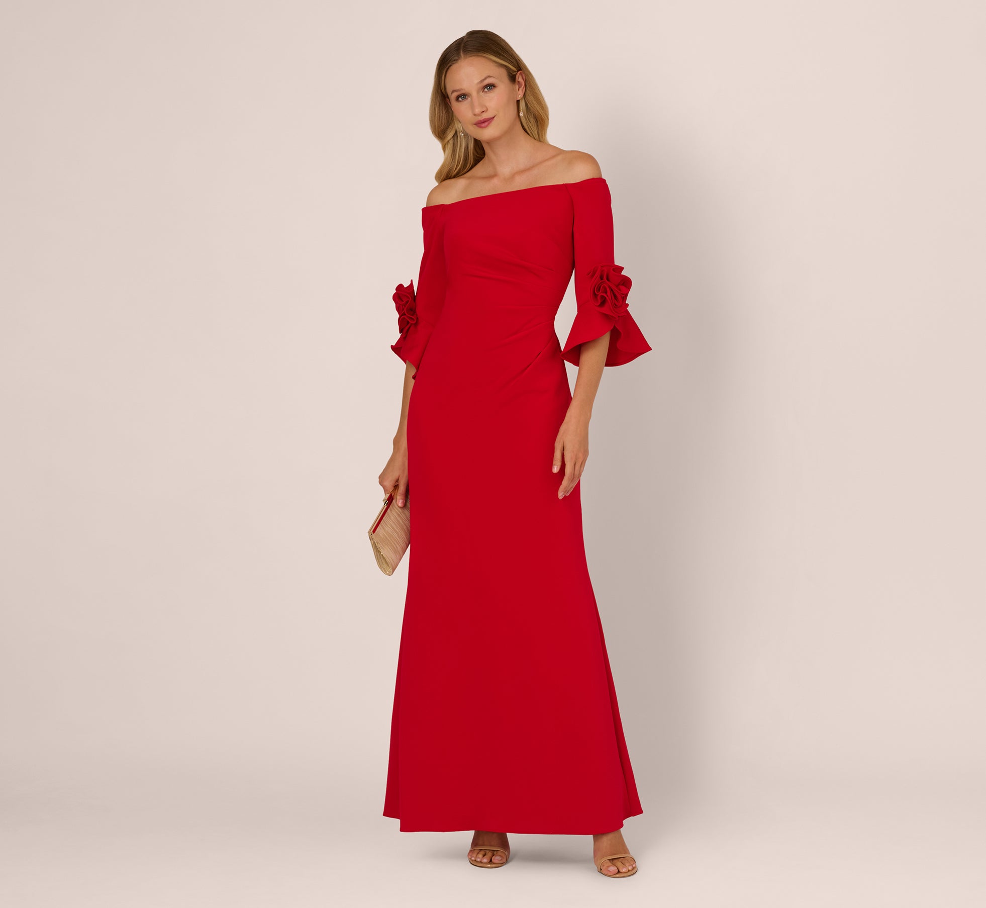 fitted lace wedding dress Off Shoulder Bell Sleeve Rosette Gown In Super Red