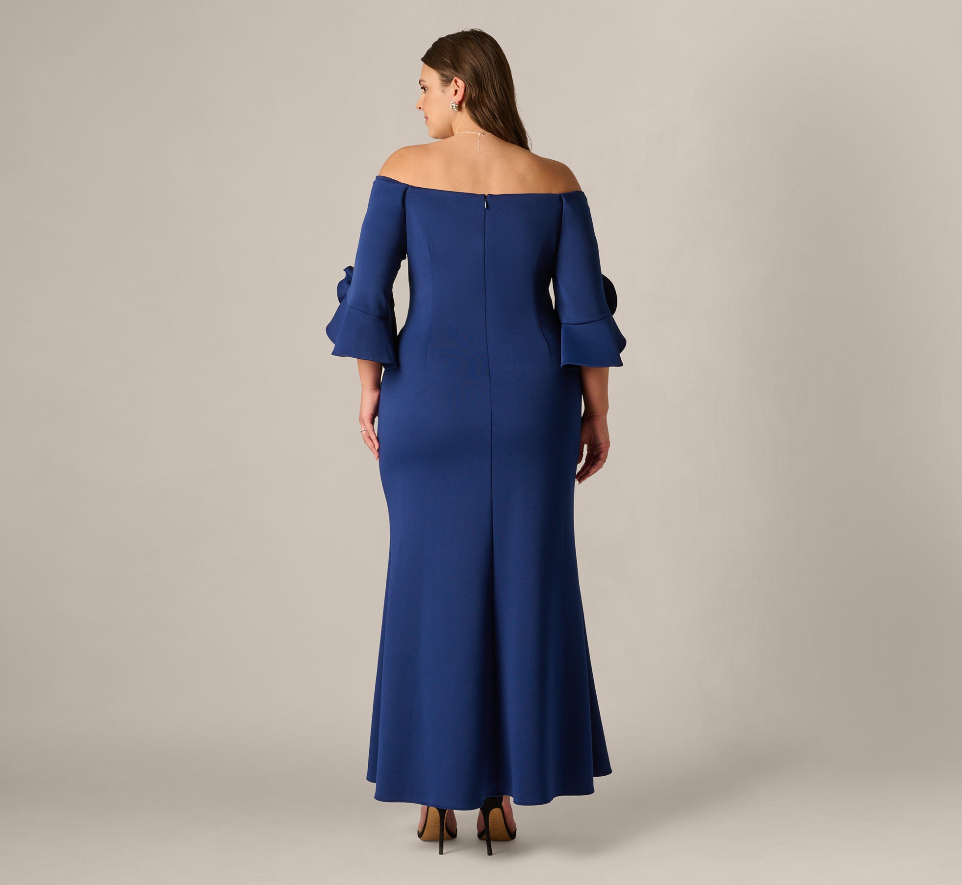 Plus Size Off Shoulder Bell Sleeve Rosette Gown In Navy Sateen