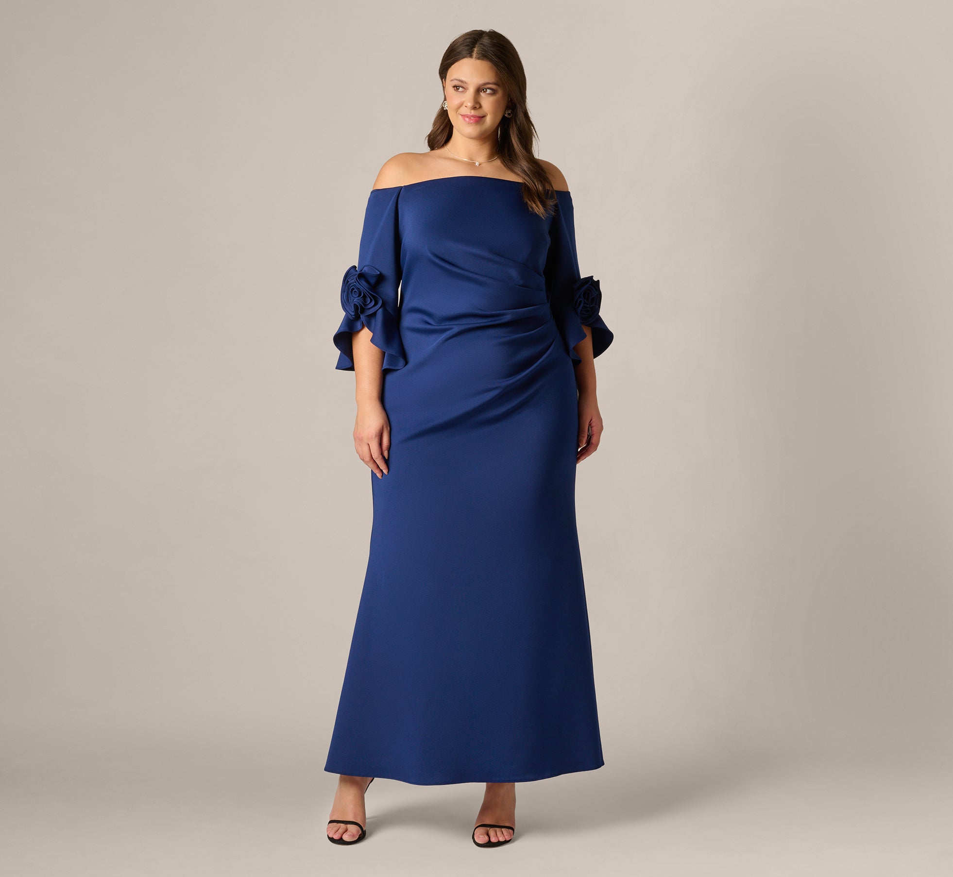 Plus Size Off Shoulder Bell Sleeve Rosette Gown In Navy Sateen Plus Size Off Shoulder Bell Sleeve Rosette Gown In Navy Sateen