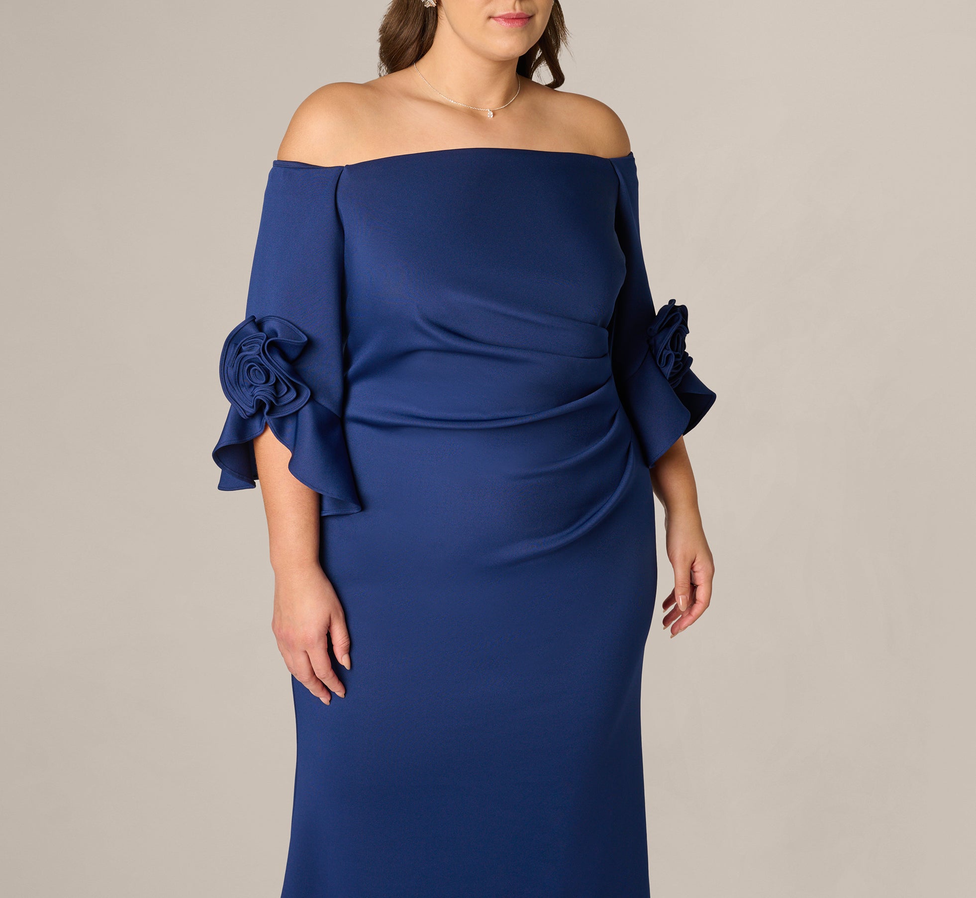 Navy Plus Size Off Shoulder Bell Sleeve Rosette Gown