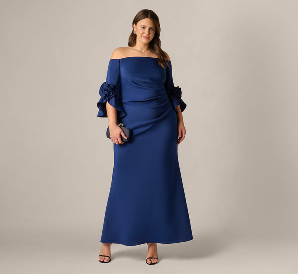 Plus Size Off Shoulder Bell Sleeve Rosette Gown In Navy Sateen