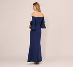 Off Shoulder Bell Sleeve Rosette Gown In Navy Sateen 6