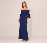 Off Shoulder Bell Sleeve Rosette Gown In Navy Sateen 3