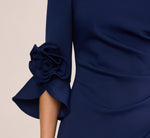 Off Shoulder Bell Sleeve Rosette Gown In Navy Sateen 4
