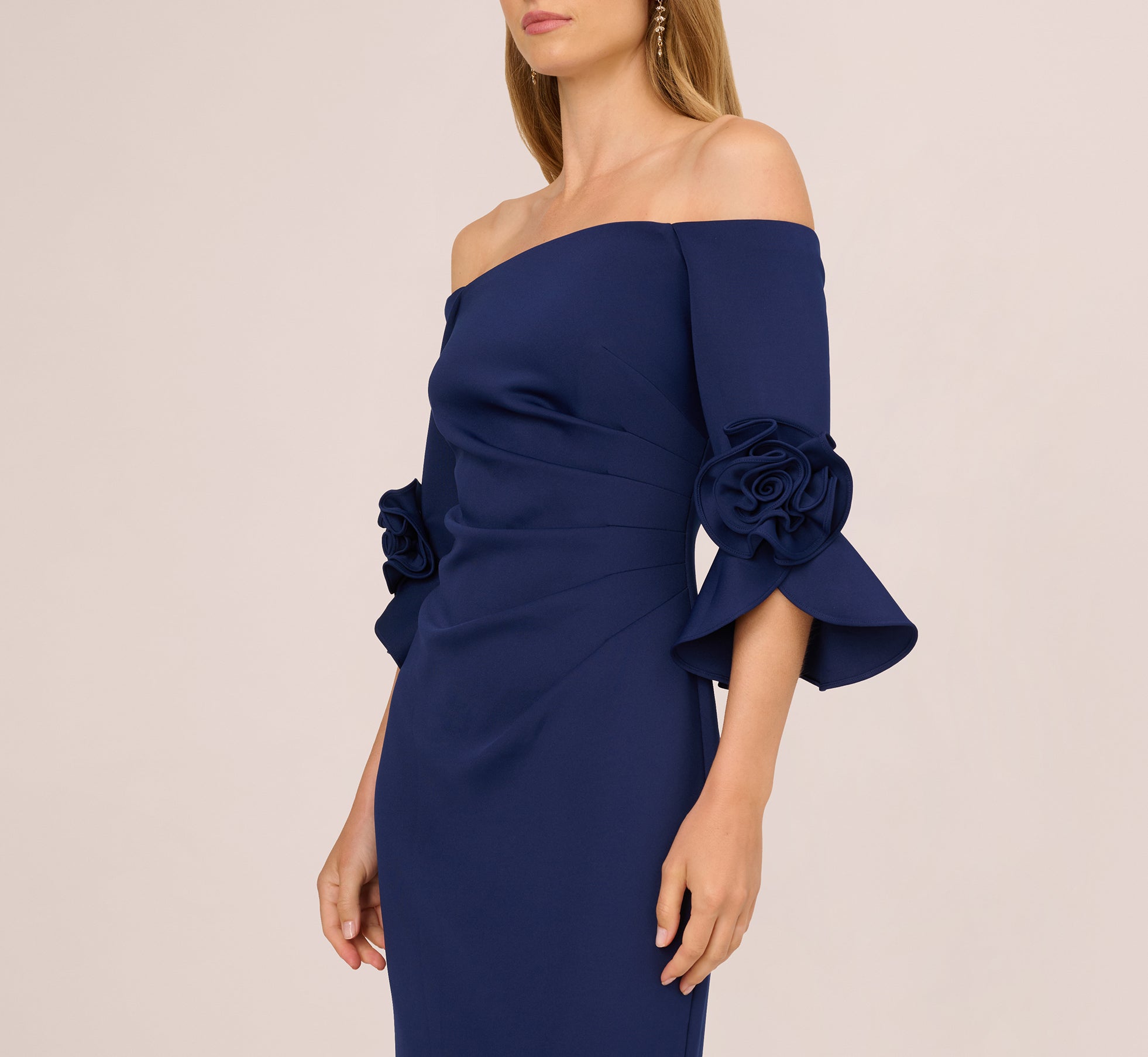 adrianna papell off the shoulder bell sleeve dress Navy Off Shoulder Bell Sleeve Rosette Gown