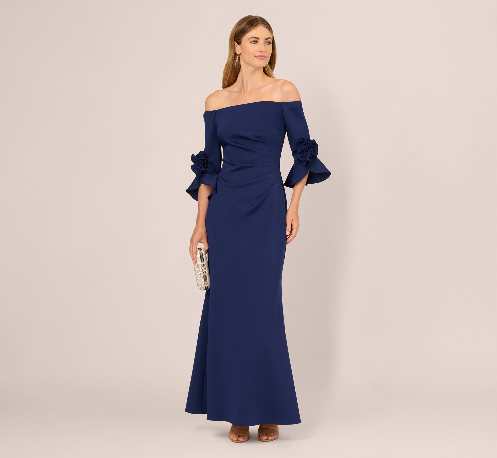 Navy Off Shoulder Bell Sleeve Rosette Gown - Adrianna Papell Navy Off Shoulder Bell Sleeve Rosette Gown - Adrianna Papell