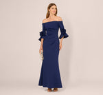 Off Shoulder Bell Sleeve Rosette Gown In Navy Sateen 2