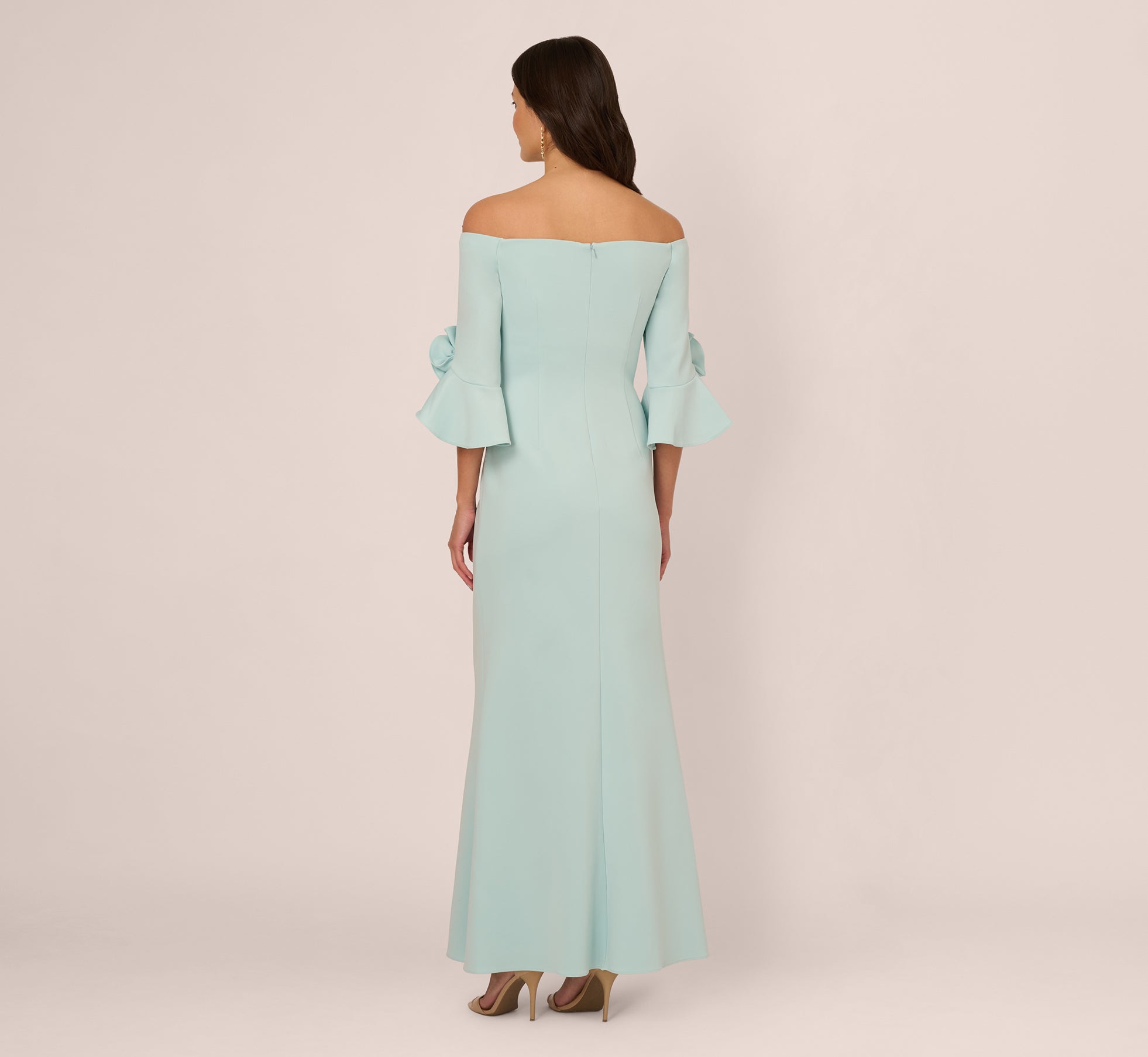 Off Shoulder Bell Sleeve Rosette Gown In Airy Aqua Adrianna Papell