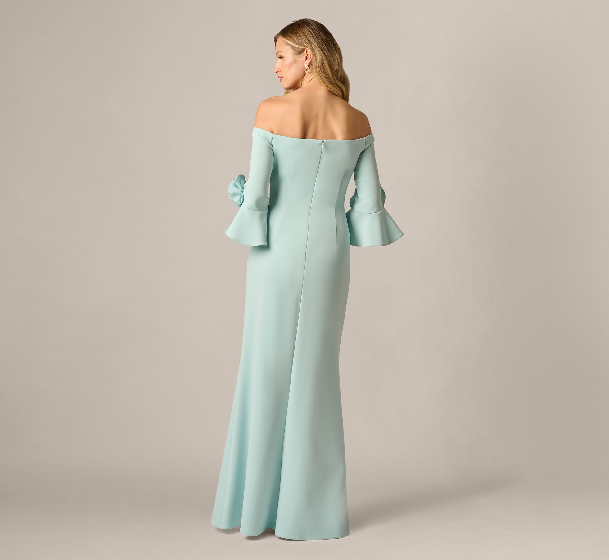 aqua scuba crepe off-the-shoulder midi dress Adrianna Papell Rosette Off-The-Shoulder Gown - Airy Aqua
