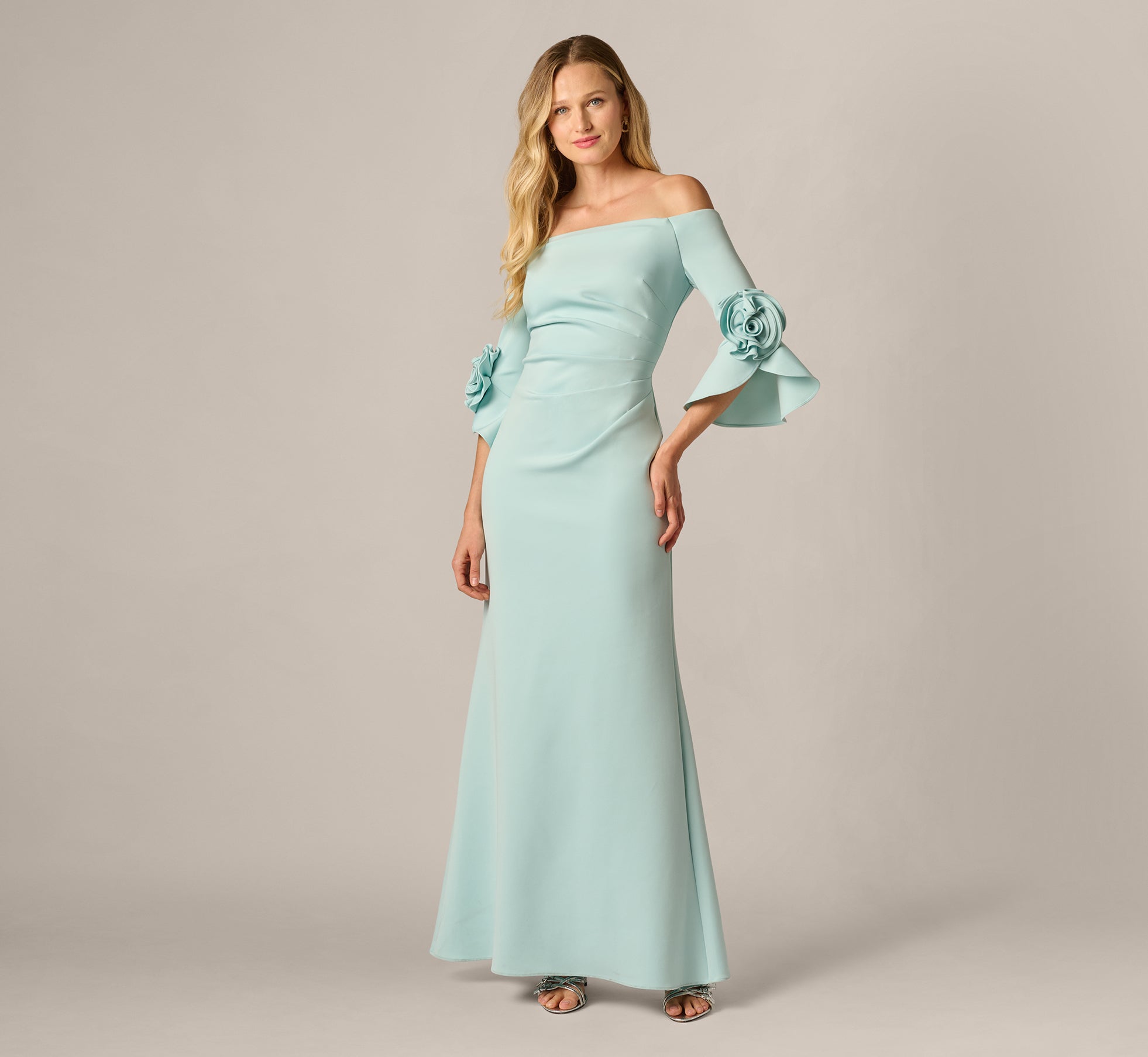 Off Shoulder Bell Sleeve Rosette Gown In Airy Aqua-Airy Aqua / Regular / 0