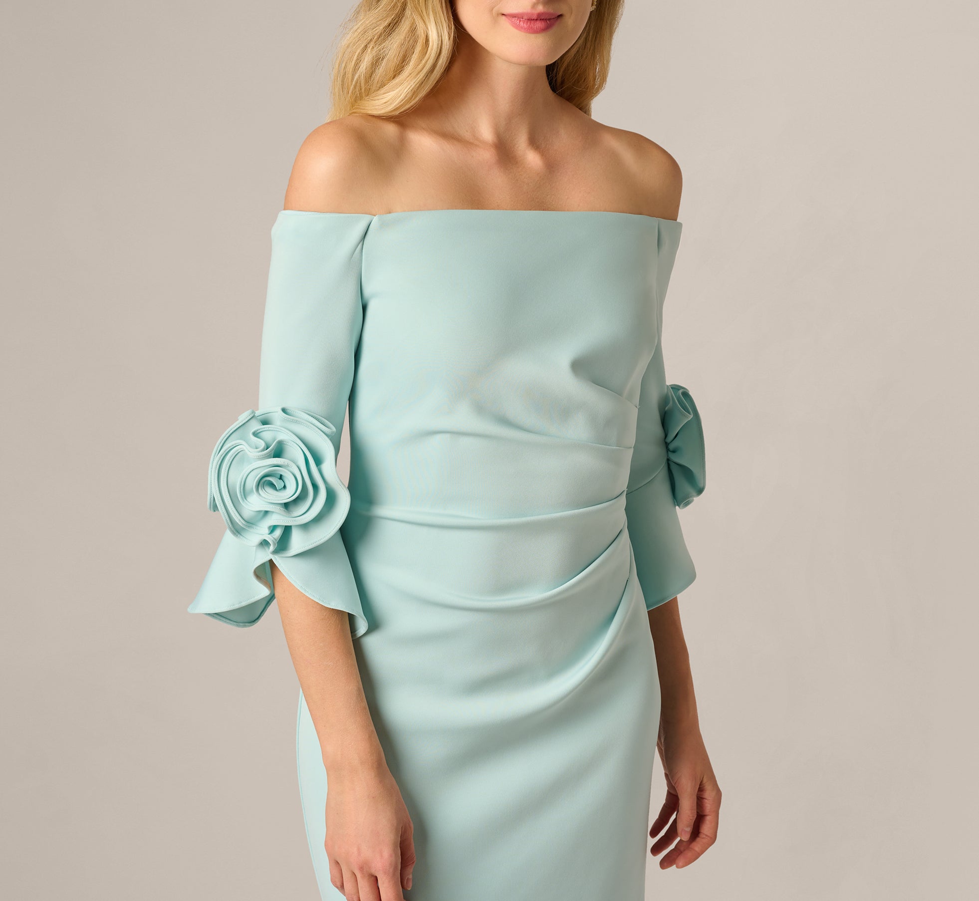 adrianna papell off the shoulder bell sleeve dress Light Blue Off Shoulder Bell Sleeve Rosette Gown