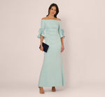 Off Shoulder Bell Sleeve Rosette Gown In Airy Aqua 1