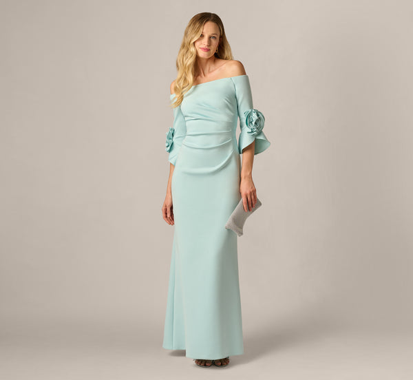 Airy Aqua Off Shoulder Bell Sleeve Rosette Gown