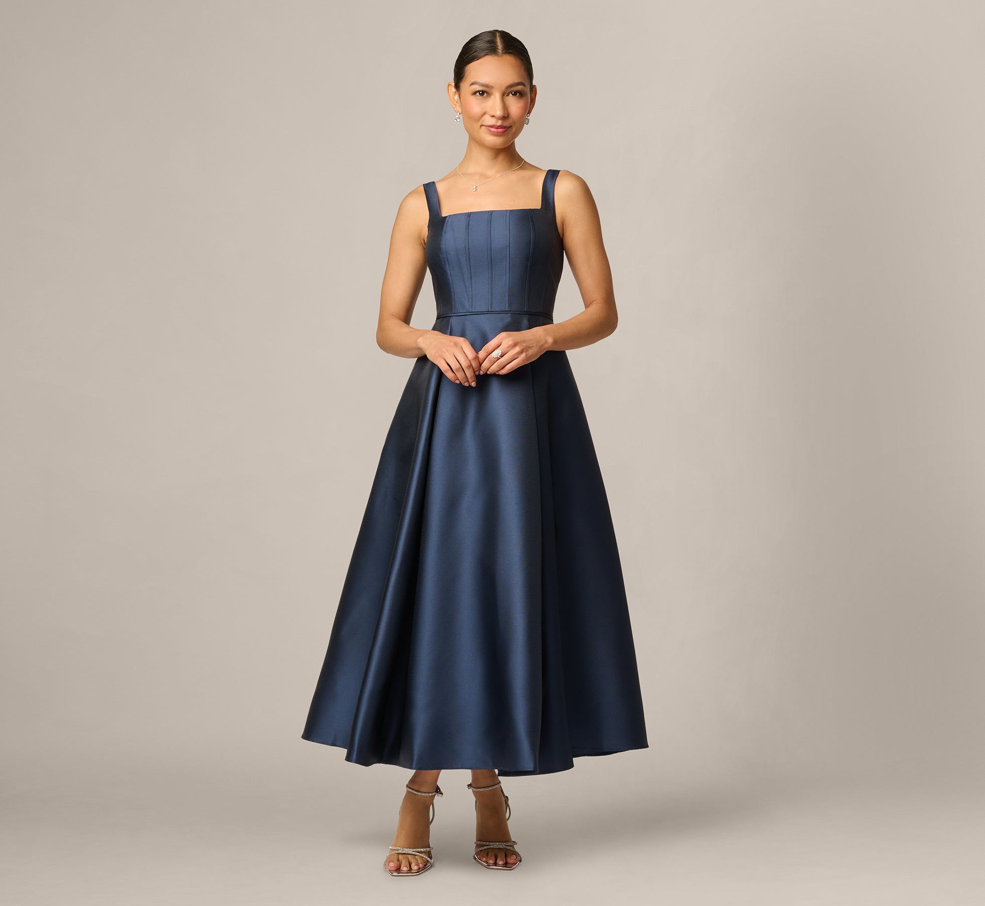 Adrianna Papell Petite Size Square Neck Mikado Midi Dress, Womens, 8P, Midnight